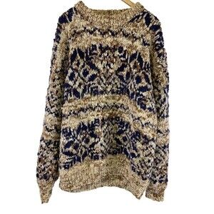 Indian Weavings Wool Sweater Brown Navy Chunky Knit Pullover Ecuador Oversized